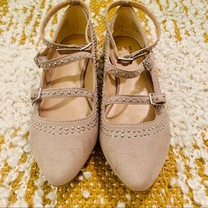 Taupe, suede flats with studs and ankle strap